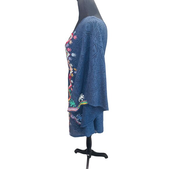 Judith March Boho Hippie Embroidered V-Neck Dress S Navy Bat Wing Sleeves Mini - Picture 4 of 10